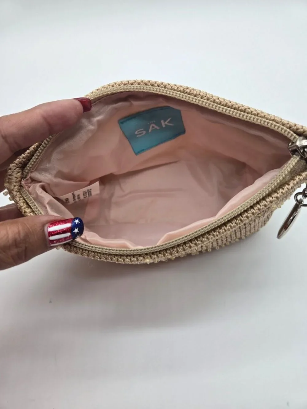 The Sak Tan Crochet Sequin Cosmetic Pouch Zip Makeup Bag Clutch
